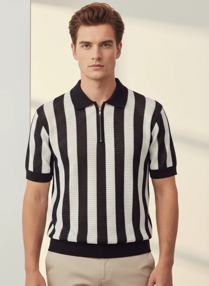 Knitted Stripes Polo - Zipper Collar
