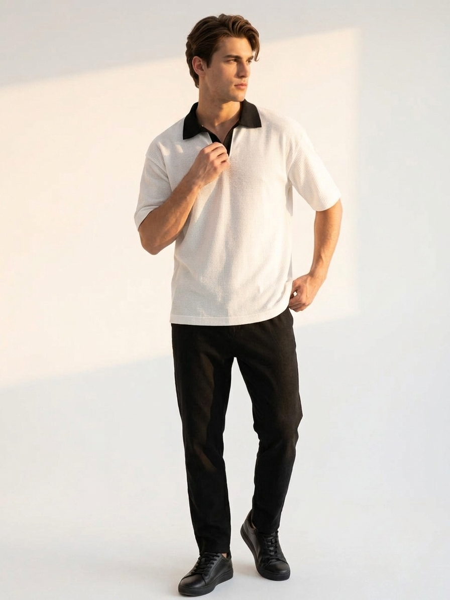 Oversized Waffle Knitted Polo - White