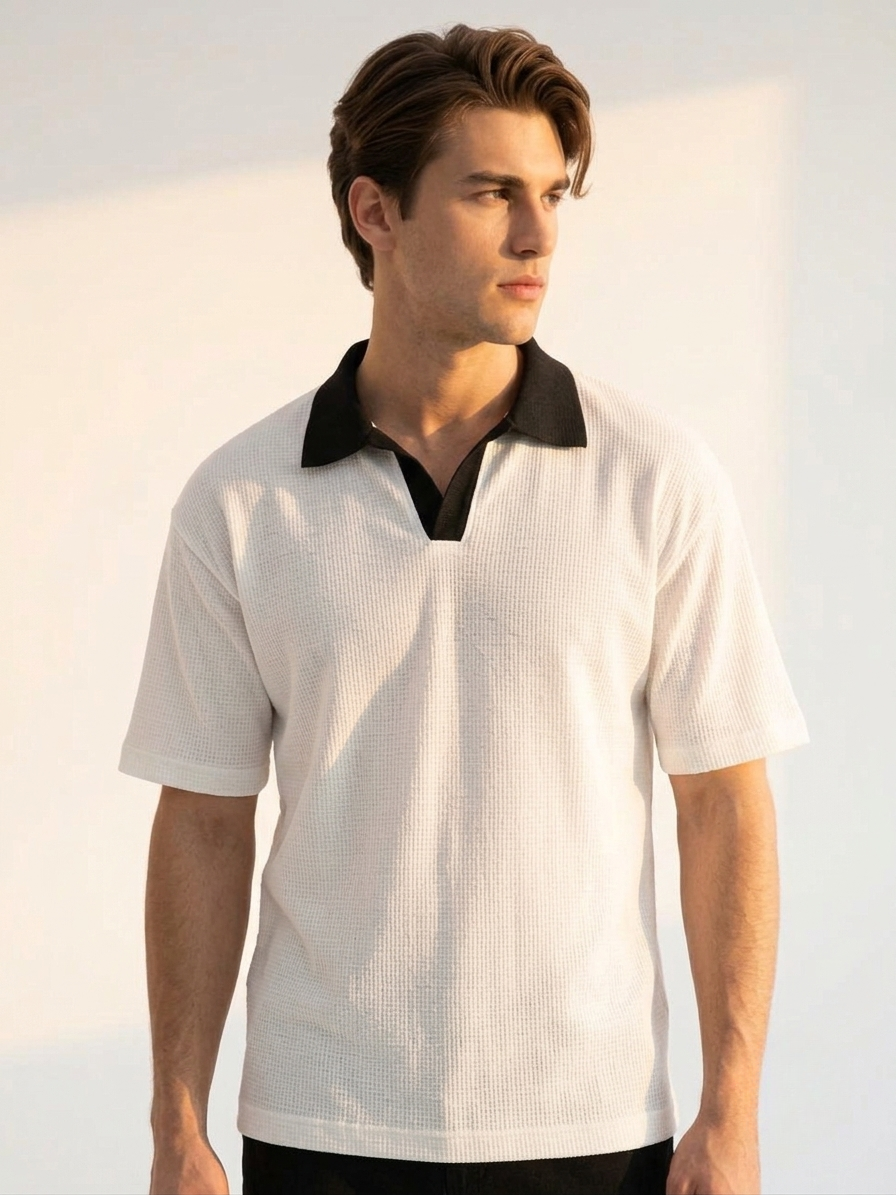 Oversized Waffle Knitted Polo - White