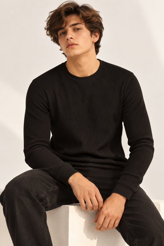 SOXAGE - Premium Full Sleeves Waffle Knit Tee For Men - Black
