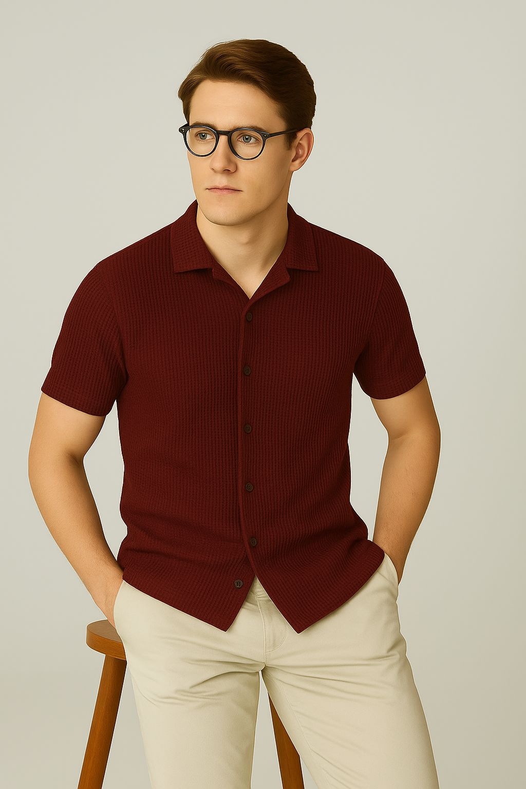 Soxage - Cuban Collar Waffle Knitted Shirt - Maroon