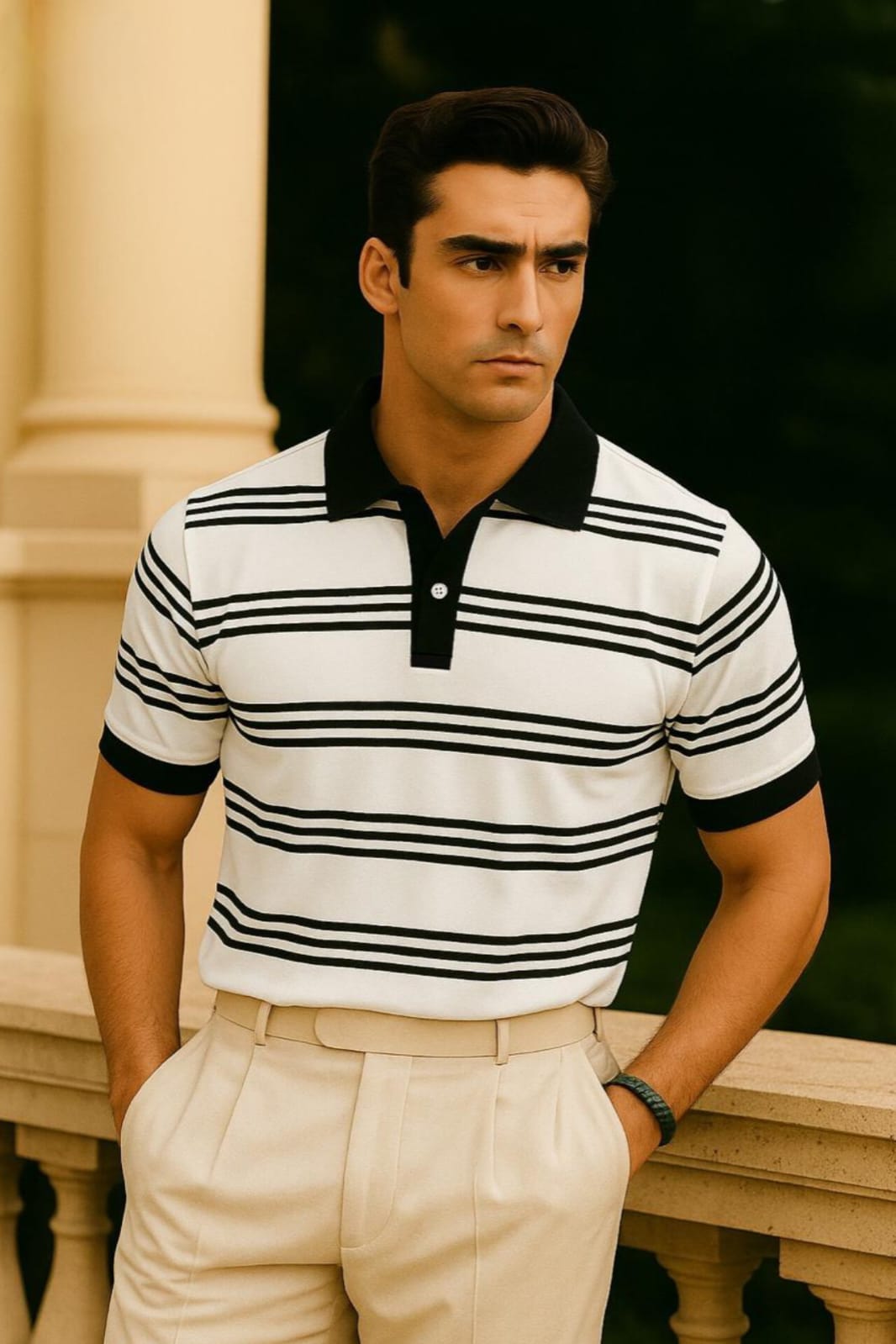 Panel Polo With White Collar & Rib - White