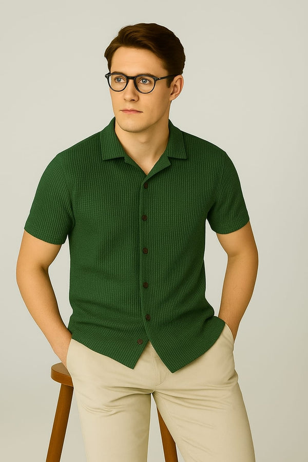 Soxage - 11.11 Sale Cuban Collar Waffle Knitted Shirt - BottleGreen