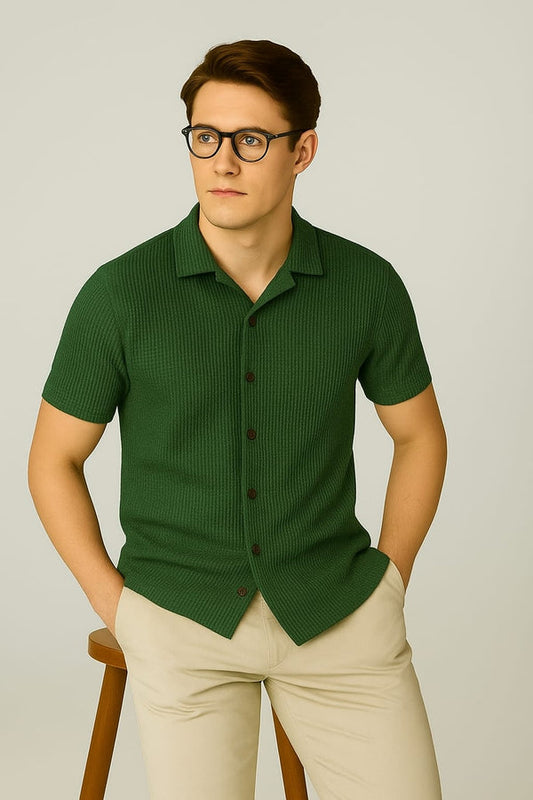 Soxage - 11.11 Sale Cuban Collar Waffle Knitted Shirt - BottleGreen