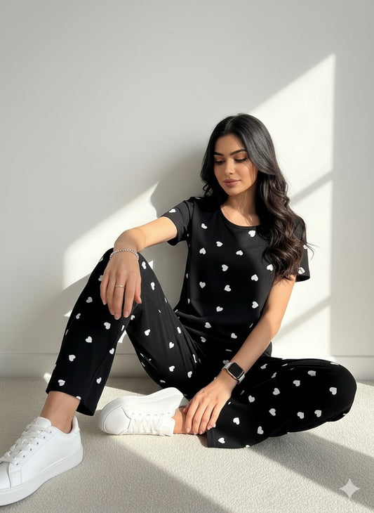 Black Hearts Printed Half Sleeves PJ Suit