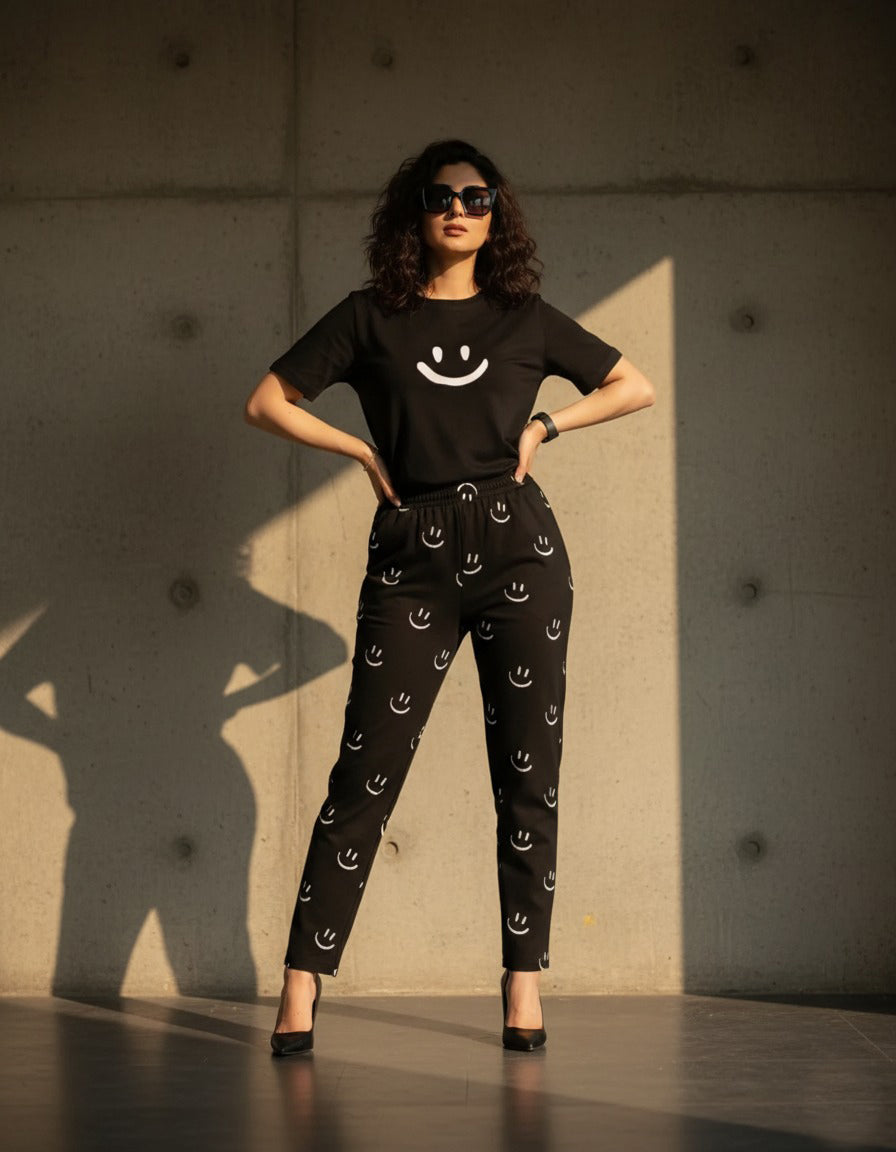 BLACK SMILEY PRINTED - PJ SUIT FOR WOMEN