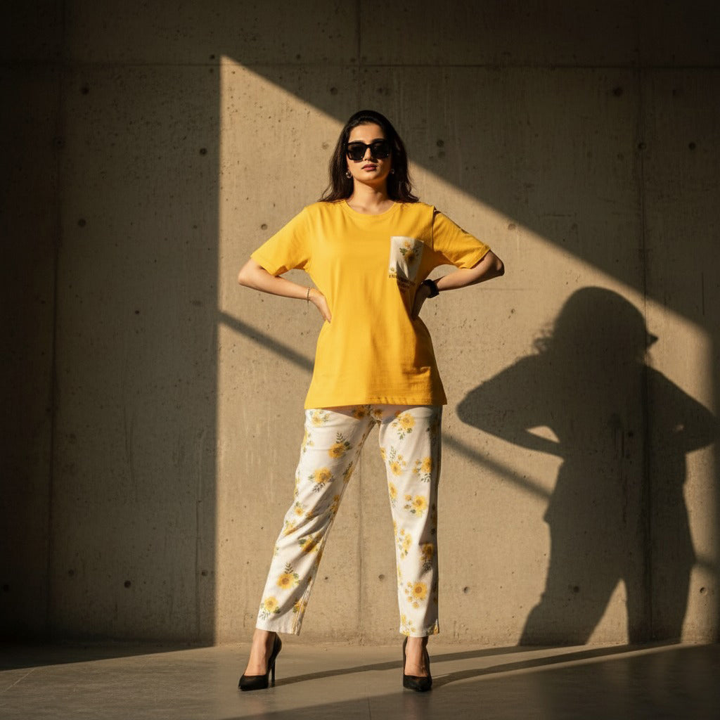 Pocket Flower PJ Suit - Mustard