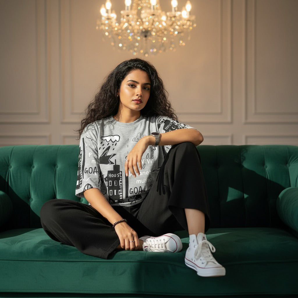 PLANET PRINTED GRAY - PJ SUIT FOR WOMEN