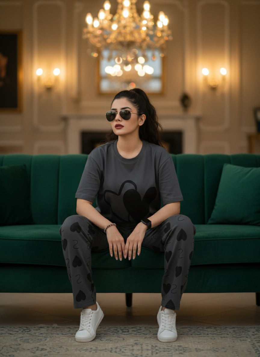 Double Heart Printed PJ Suit - Grey