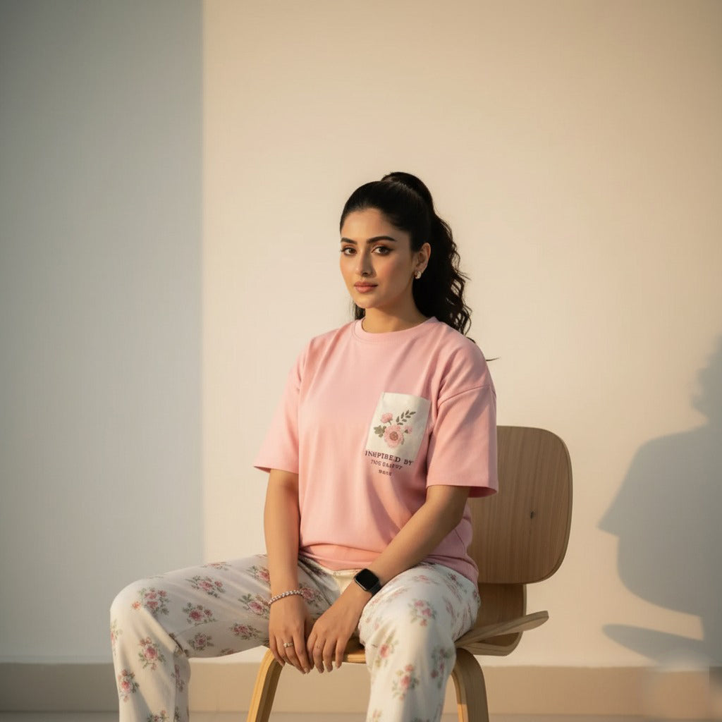 Pocket Flower PJ Suit - Pink