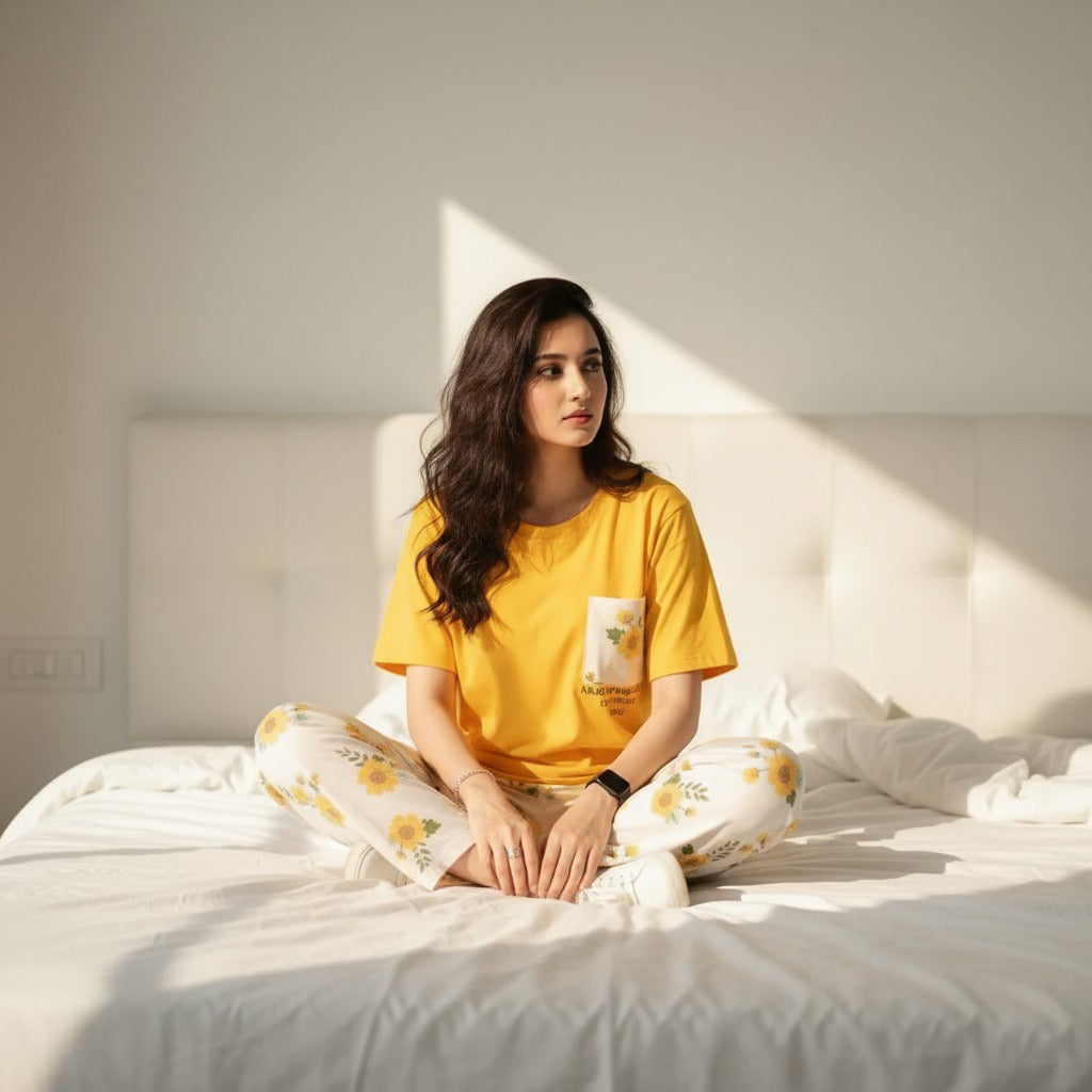 Pocket Flower PJ Suit - Mustard