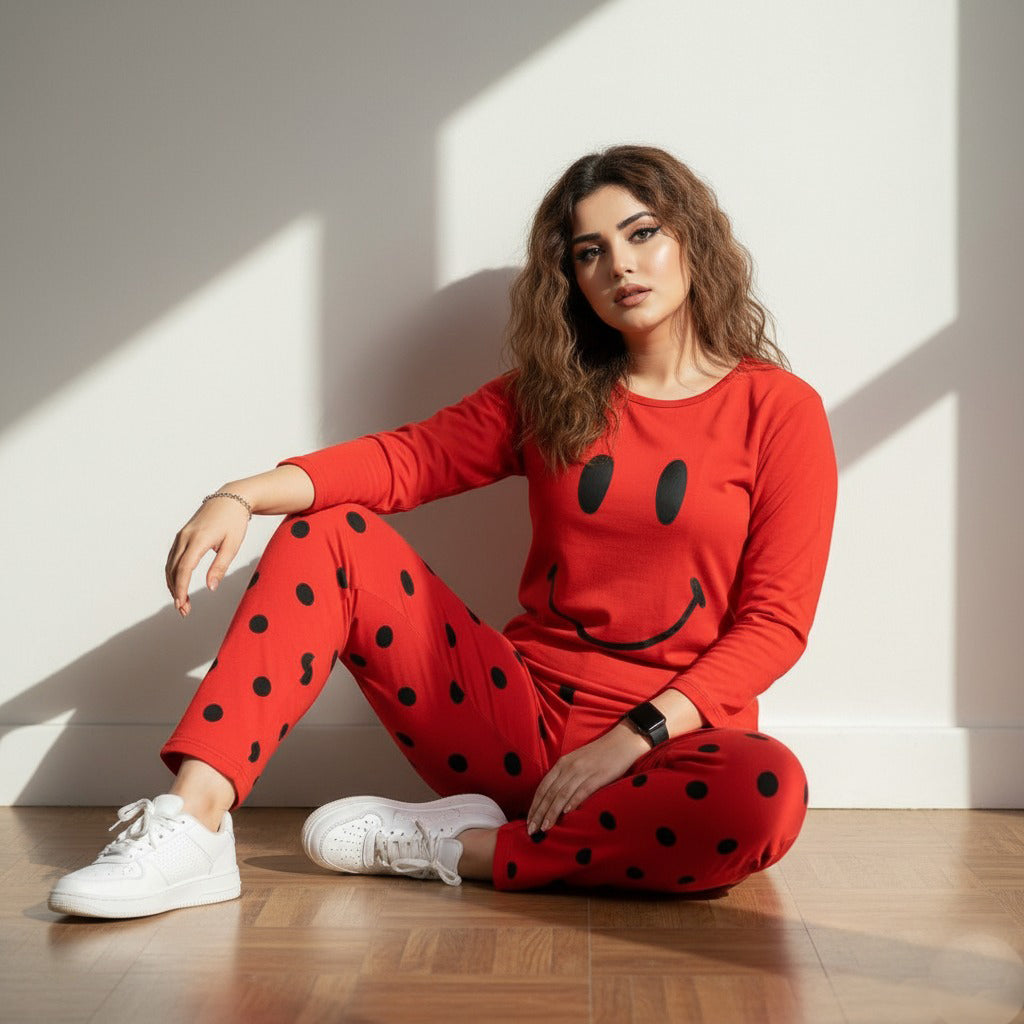 Red Smiley Full Sleeves Printed - PJ SUIT FOR WOMEN