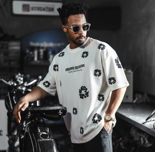 Floral Printed Waffle Knitted DropShoulder Tshirt - White