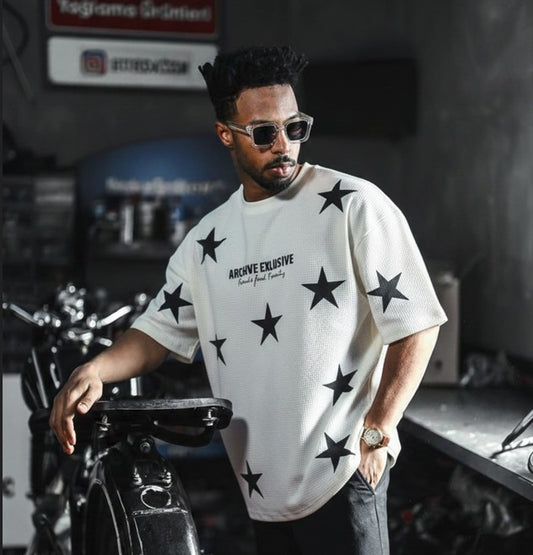 Stars Printed Waffle Knitted DropShoulder Tshirt - White