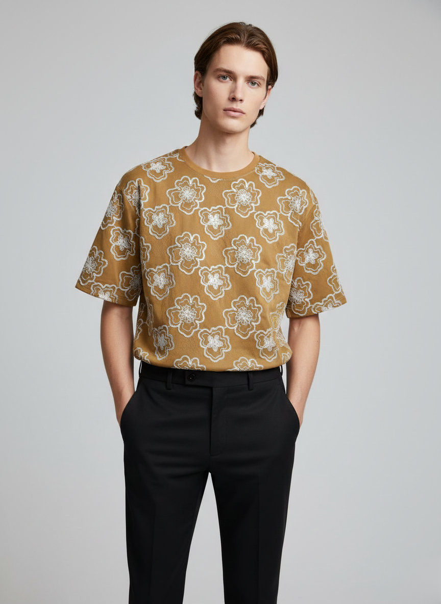 Artisan Flora Embroided Drop-Shoulder Tshirt - Beige
