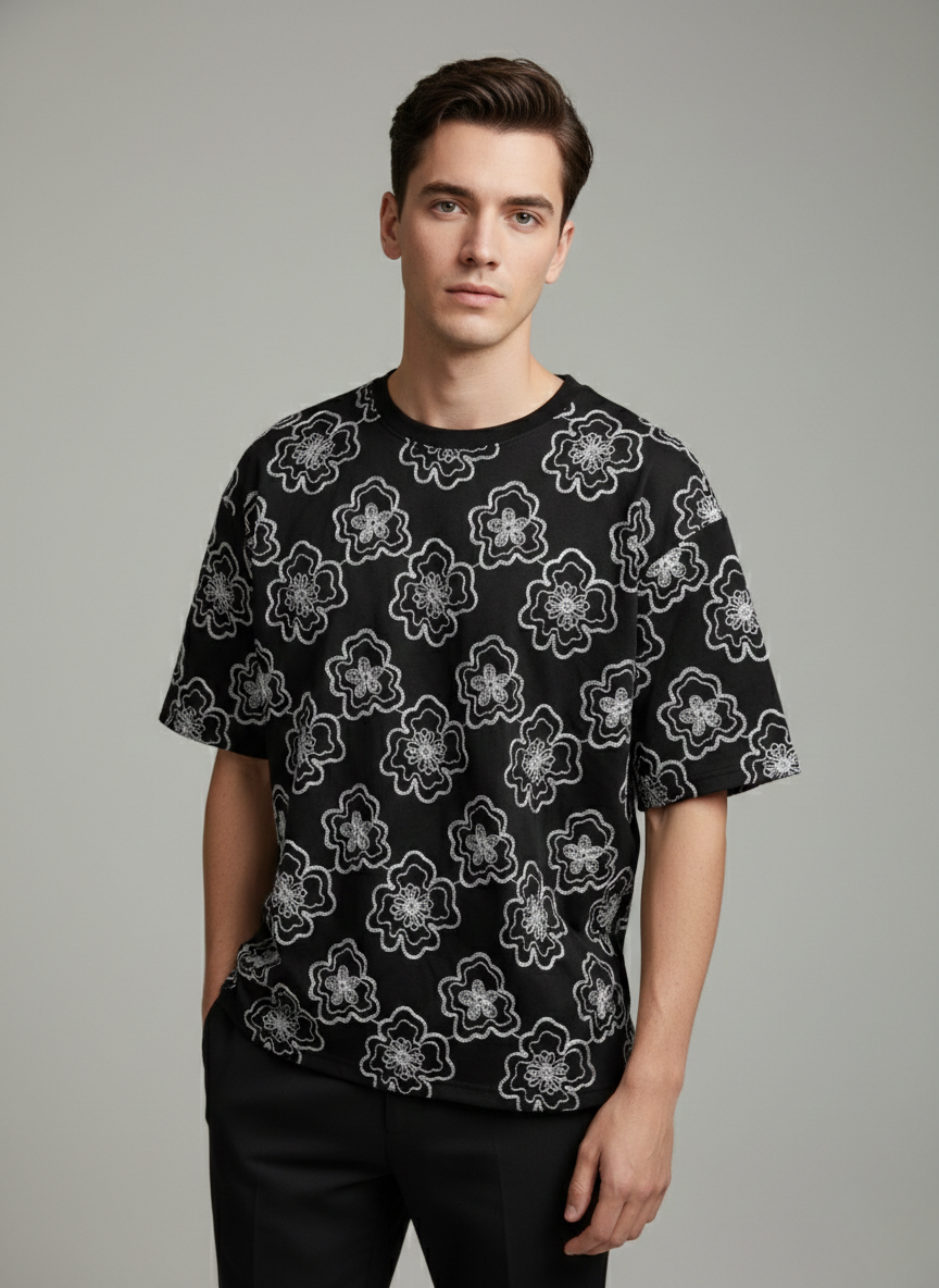 Artisan Flora Embroided Drop-Shoulder Tshirt - Black