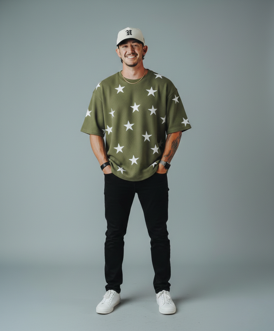 Stars Printed Waffle Knitted Dropshoulder Tshirt - OLiveGreen