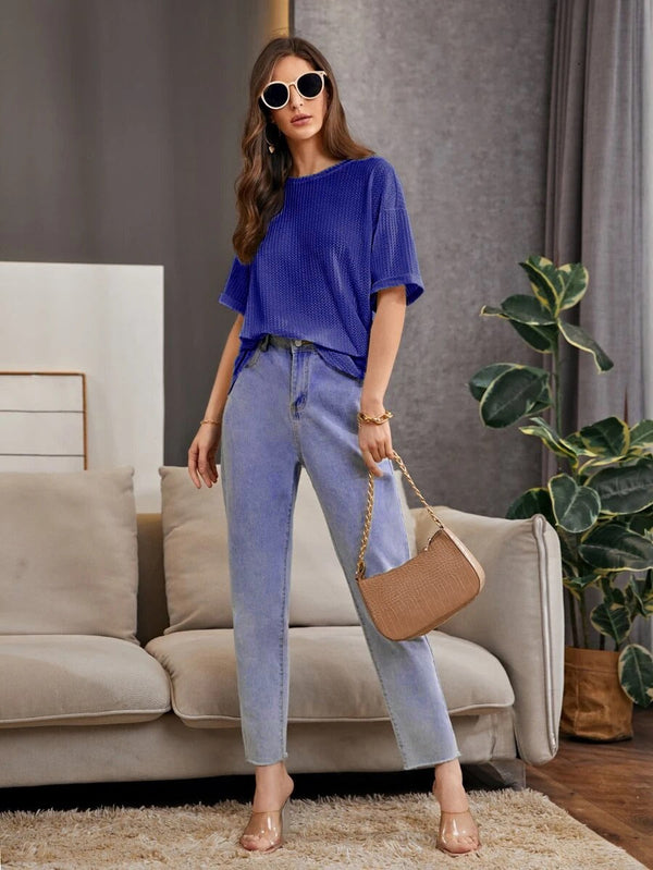 Soxage - 11.11 Sale Premium Oversized Waffle Knitted Tee For Women's - NavyBlue