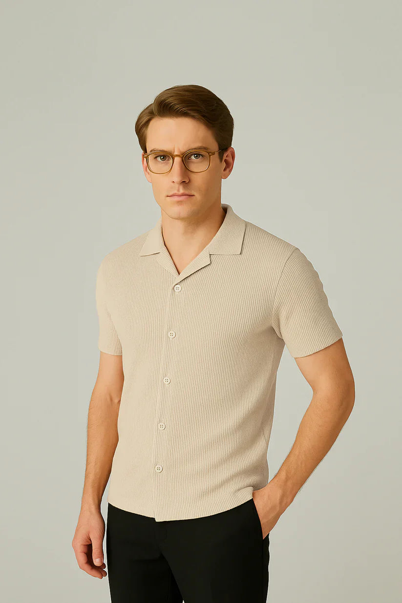 Soxage - Cuban Collar Waffle Knitted Shirt - Beige
