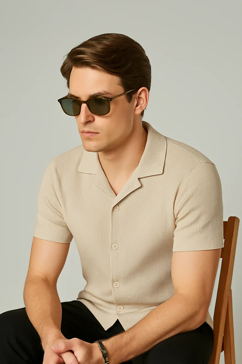 Soxage - Cuban Collar Waffle Knitted Shirt - Beige