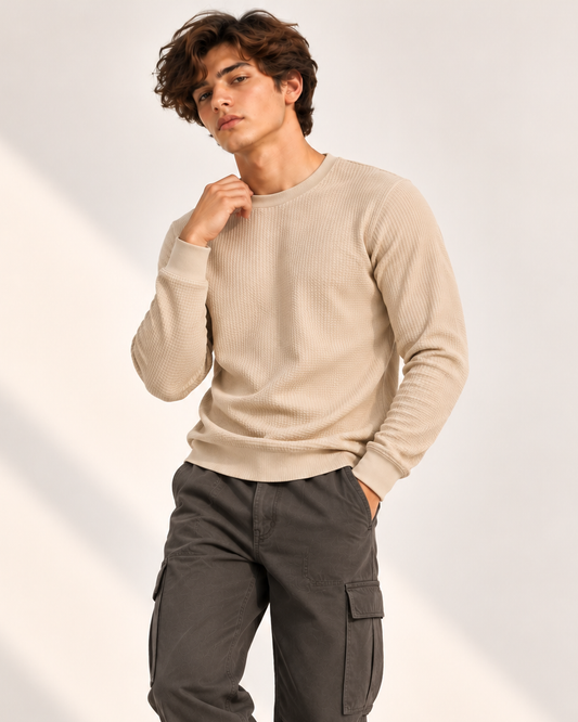 SOXAGE - Premium Full Sleeves Waffle Knit Tee For Men - Beige