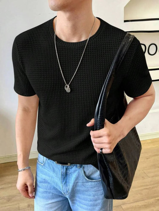 Flash Sale - Half Sleeves Waffle Knitted Black