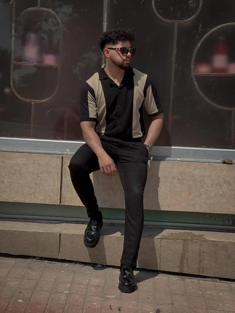 Flash Sale - Premium Cuban Collar Panel Shirt - Black & Golden
