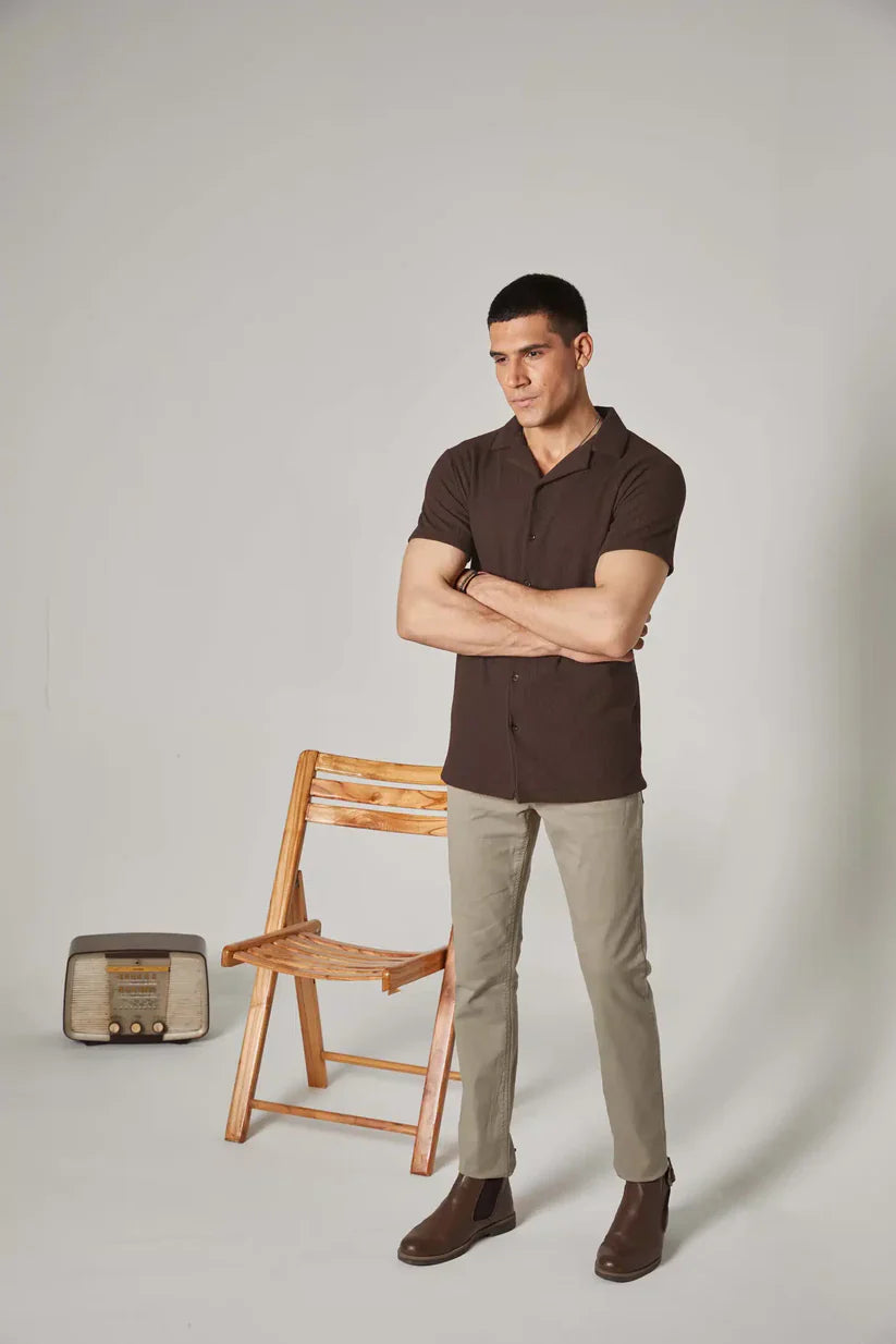 Soxage - Cuban Collar Waffle Knitted Shirt - Brown