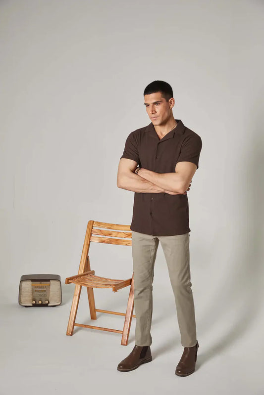 Soxage - Cuban Collar Waffle Knitted Shirt - Brown