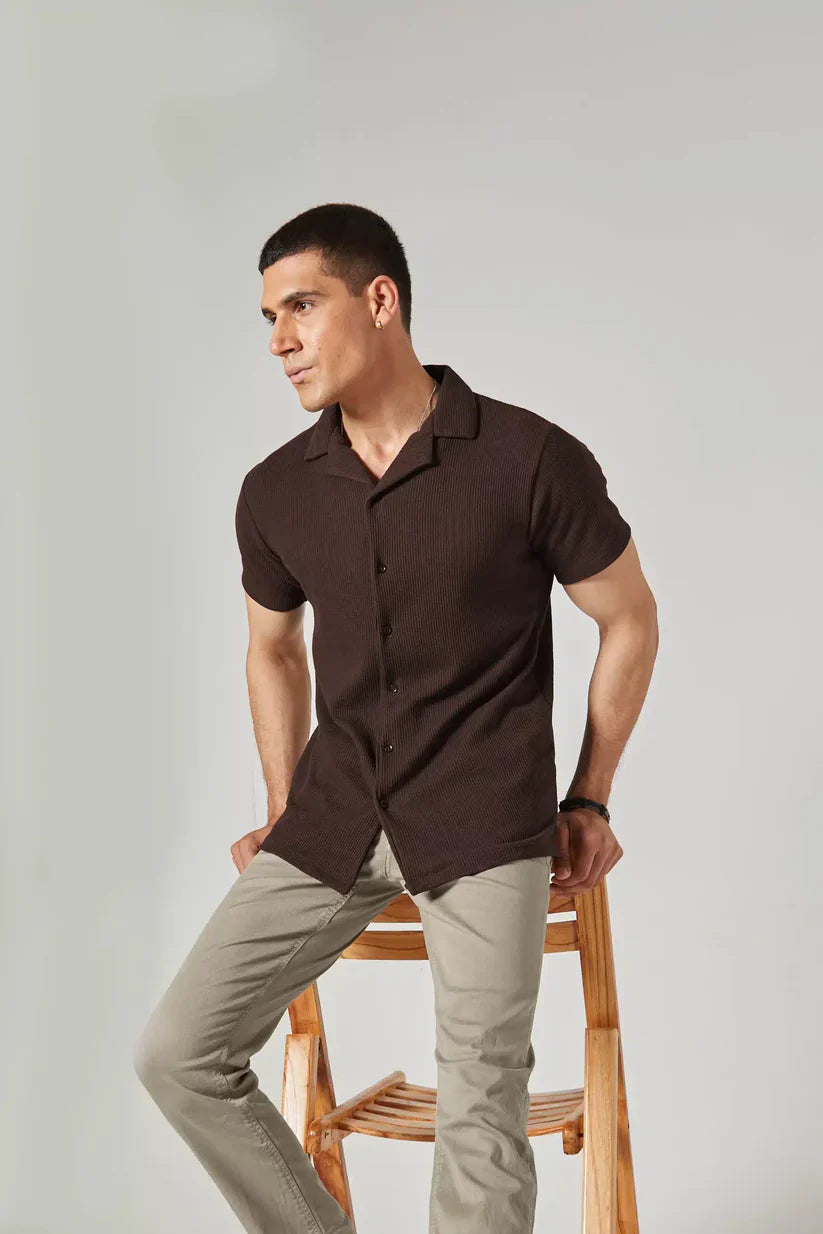Soxage - Cuban Collar Waffle Knitted Shirt - Brown