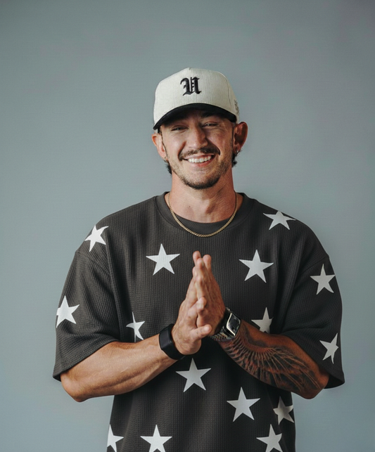 Stars Printed Waffle Knitted Dropshoulder Tshirt - charcoal