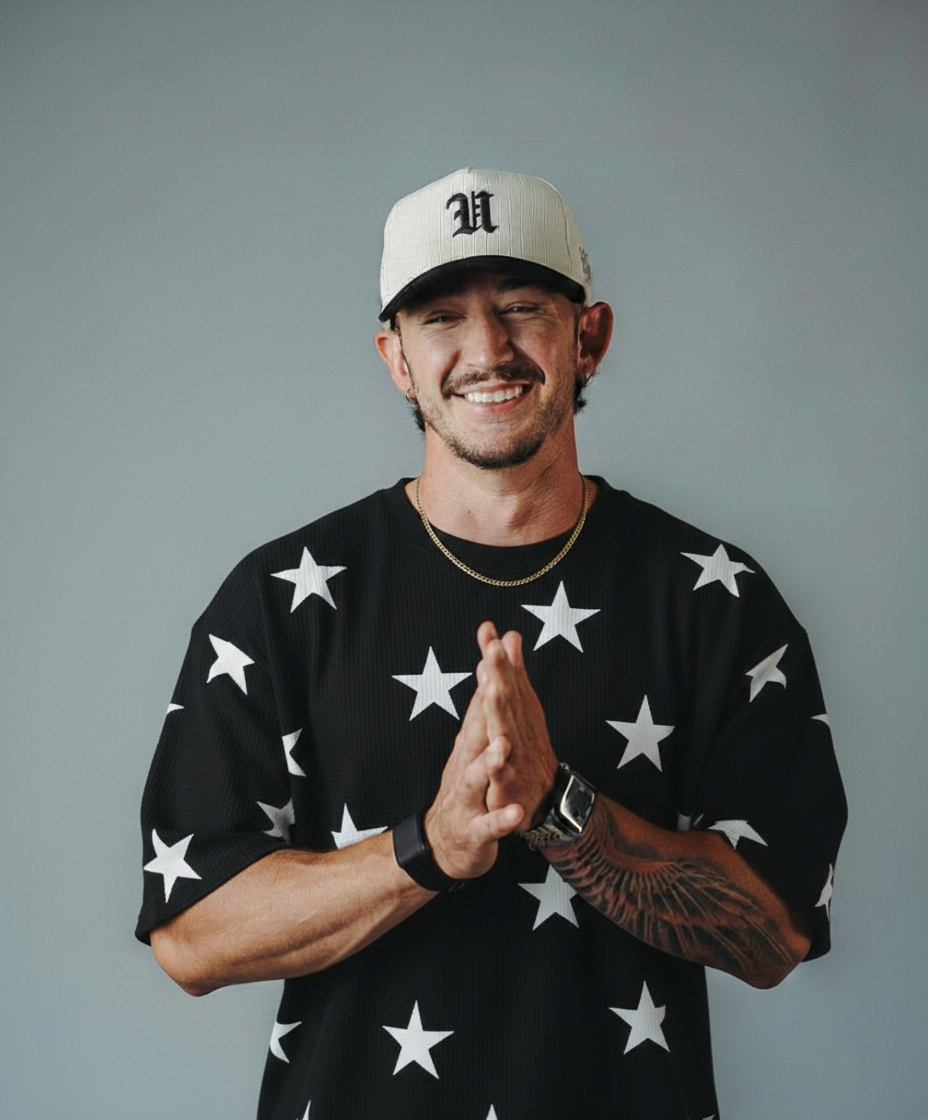 Stars Printed Waffle Knitted Dropshoulder Tshirt - Black