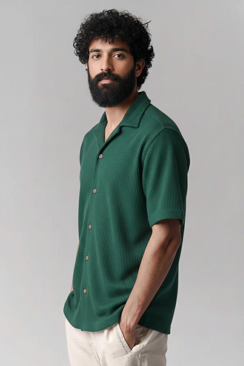 Cuban Collar Knitted Shirt - Turkish Green