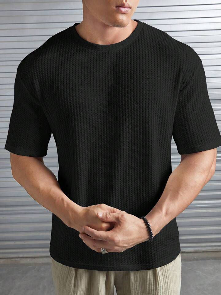 SOXAGE - Oversized Waffle Knit Tee For Men - BLACK