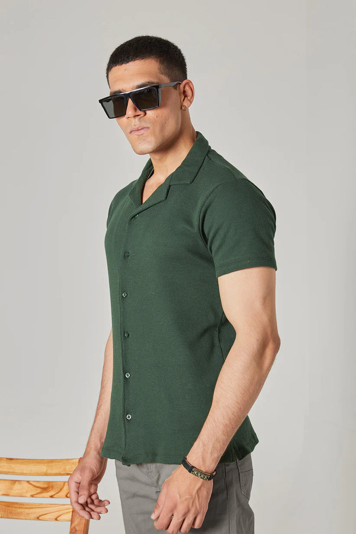 Soxage - Cuban Collar Waffle Knitted Shirt - Olive Green