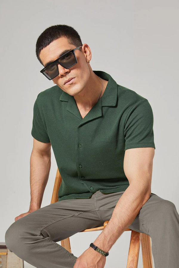 Soxage - 11.11 Sale Cuban Collar Waffle Knitted Shirt - OliveGreen