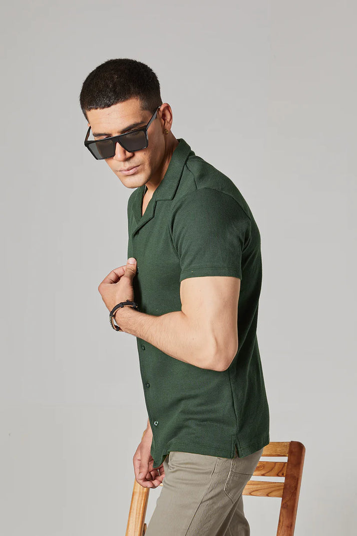 Soxage - Cuban Collar Waffle Knitted Shirt - Olive Green