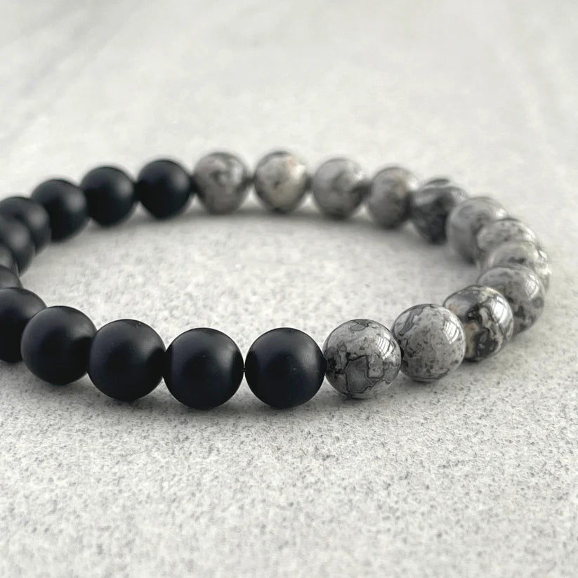 Half & Half Matte Onyx & Grey Picasso Stretch Bracelet - 8mm