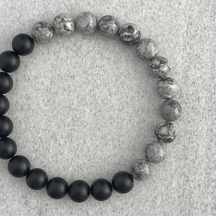 Half & Half Matte Onyx & Grey Picasso Stretch Bracelet - 8mm