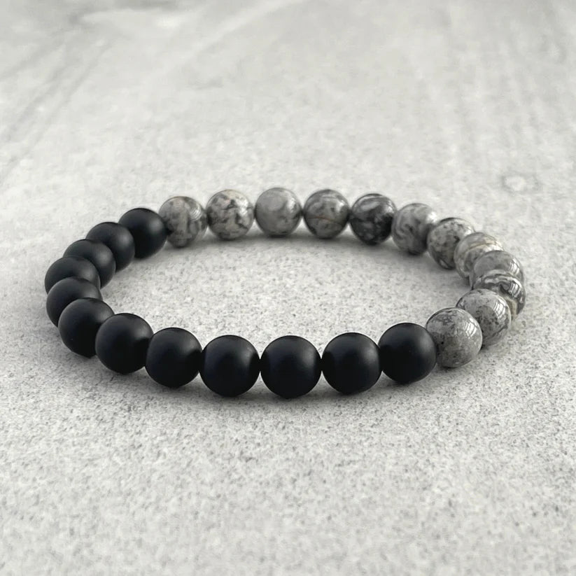 Half & Half Matte Onyx & Grey Picasso Stretch Bracelet - 8mm