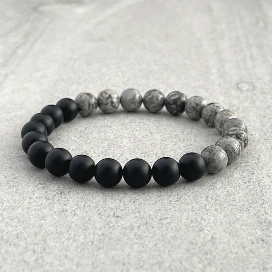 Half & Half Matte Onyx & Grey Picasso Stretch Bracelet - 8mm