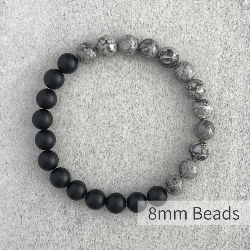Half & Half Matte Onyx & Grey Picasso Stretch Bracelet - 8mm