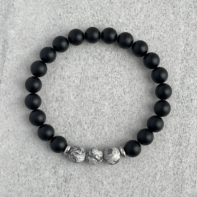Matte Onyx and Tri-Grey Picasso Bracelet - 8mm