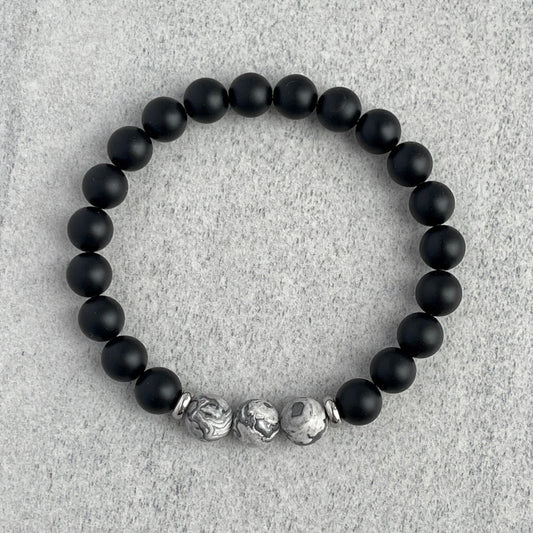 Matte Onyx and Tri-Grey Picasso Bracelet - 8mm