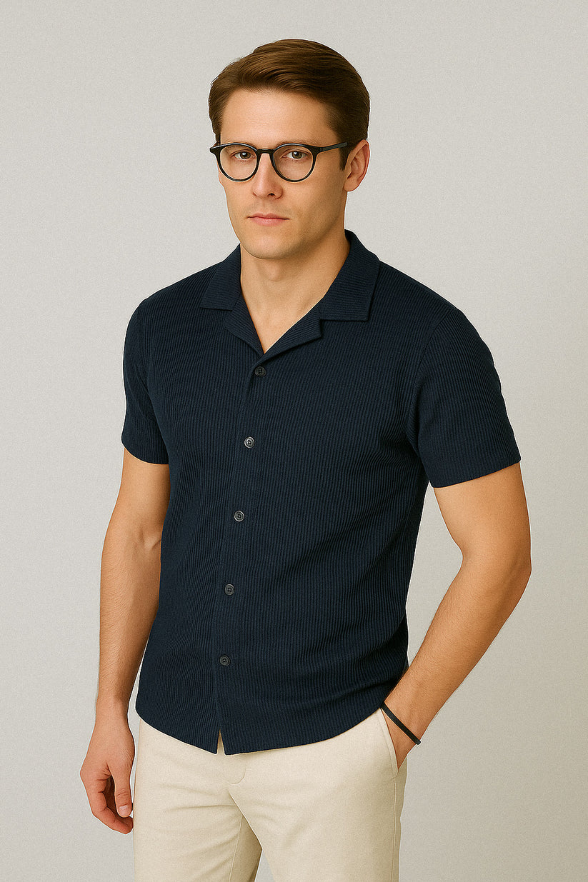 Soxage - Cuban Collar Waffle Knitted Shirt - Navy Blue
