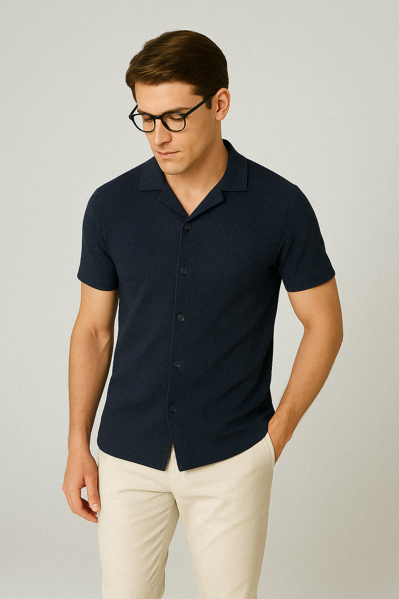 Soxage - Cuban Collar Waffle Knitted Shirt - Navy Blue