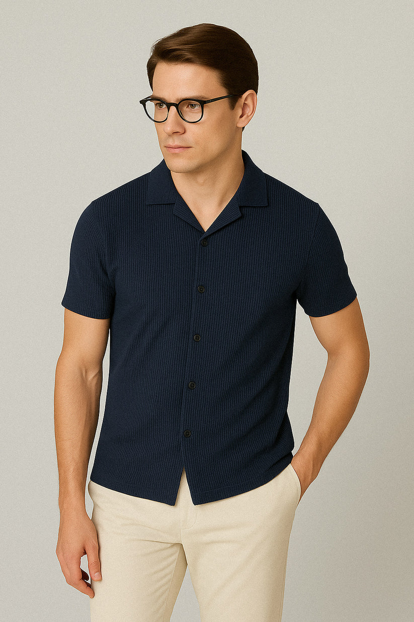Soxage - Cuban Collar Waffle Knitted Shirt - Navy Blue