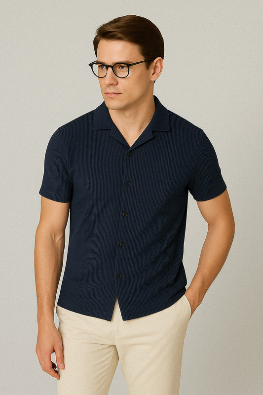 Soxage - Cuban Collar Waffle Knitted Shirt - Navy Blue