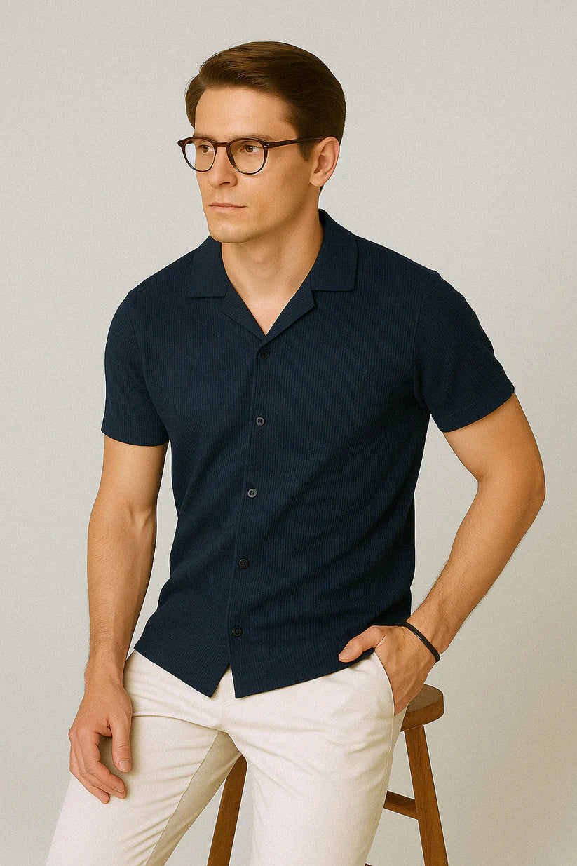 Soxage - Cuban Collar Waffle Knitted Shirt - Navy Blue