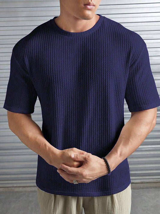 Soxage - 11.11 Sale Oversized Waffle Knitted Tee For Men's - NavyBlue